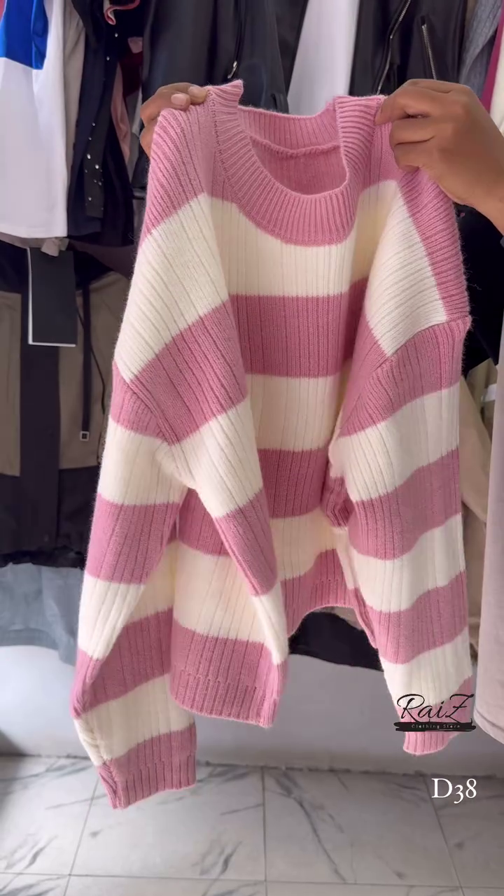 Ribbed Stripe Knit Sweaters 🧶 Horizontal Pattern – Black, Brown, Gray & Pink Variants