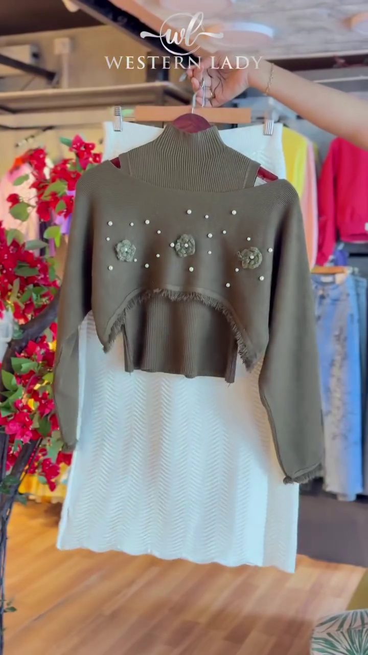 Olive Pearl Sweater & Chevron White Dress