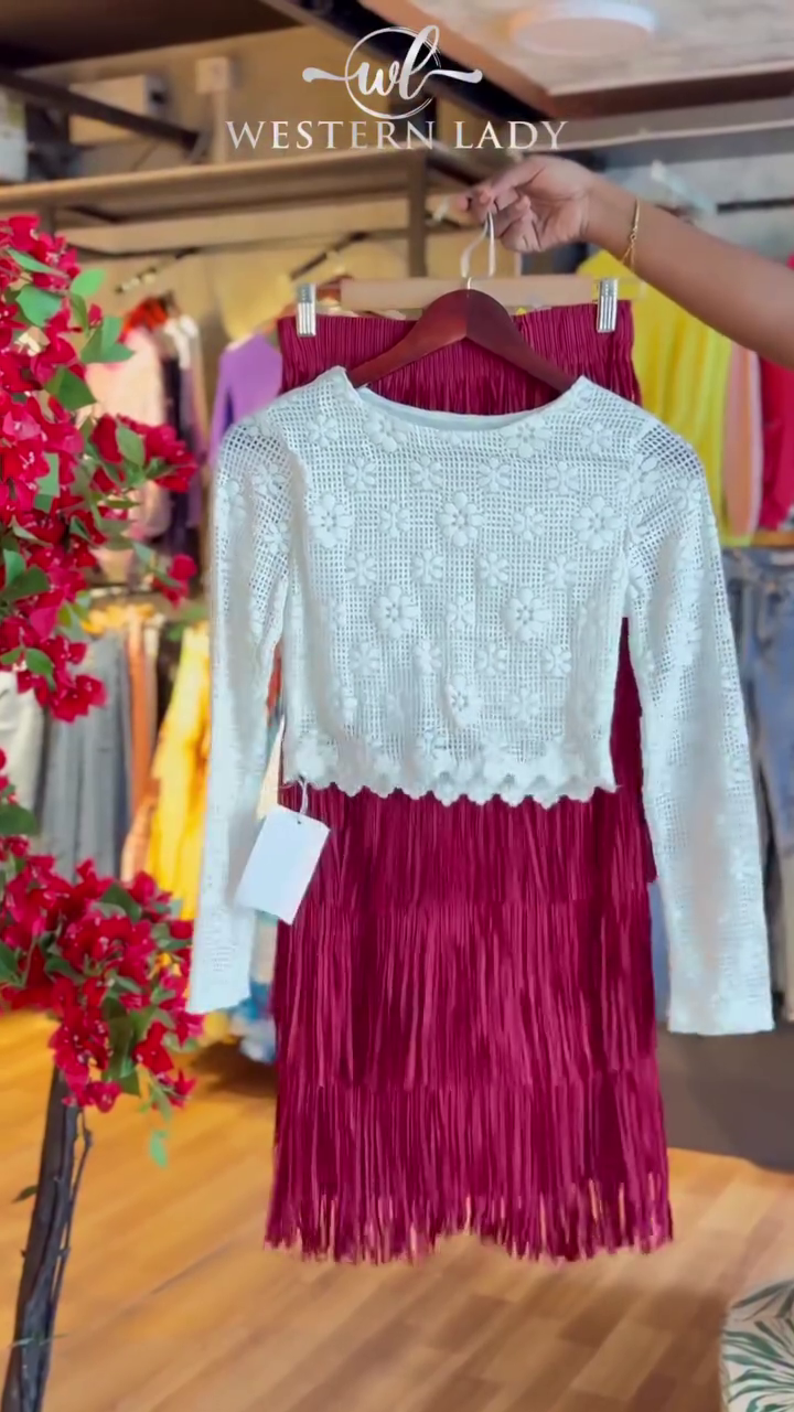 Crochet Petal Top & Maroon Fringe Skirt