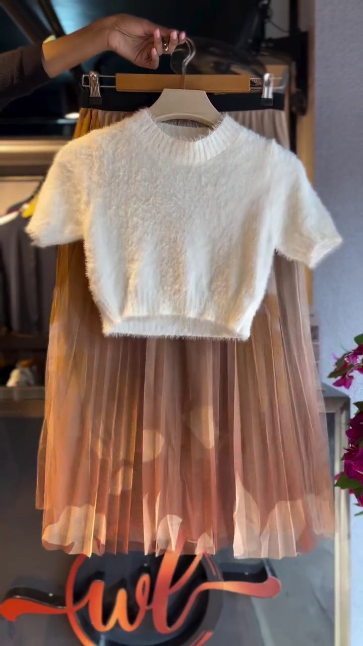 Fuzzy White Knit & Mocha Sheer Pleats