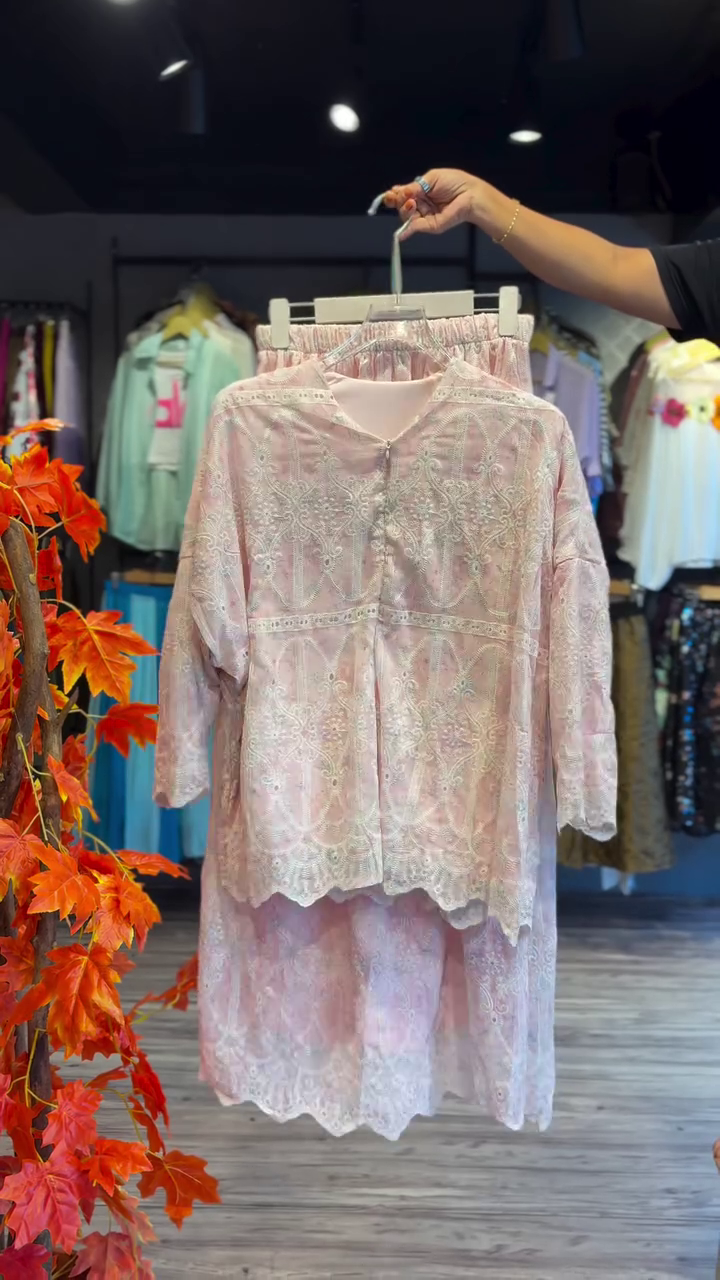 Rose Dust Embroidered Co-ord with Scalloped Lace Trim