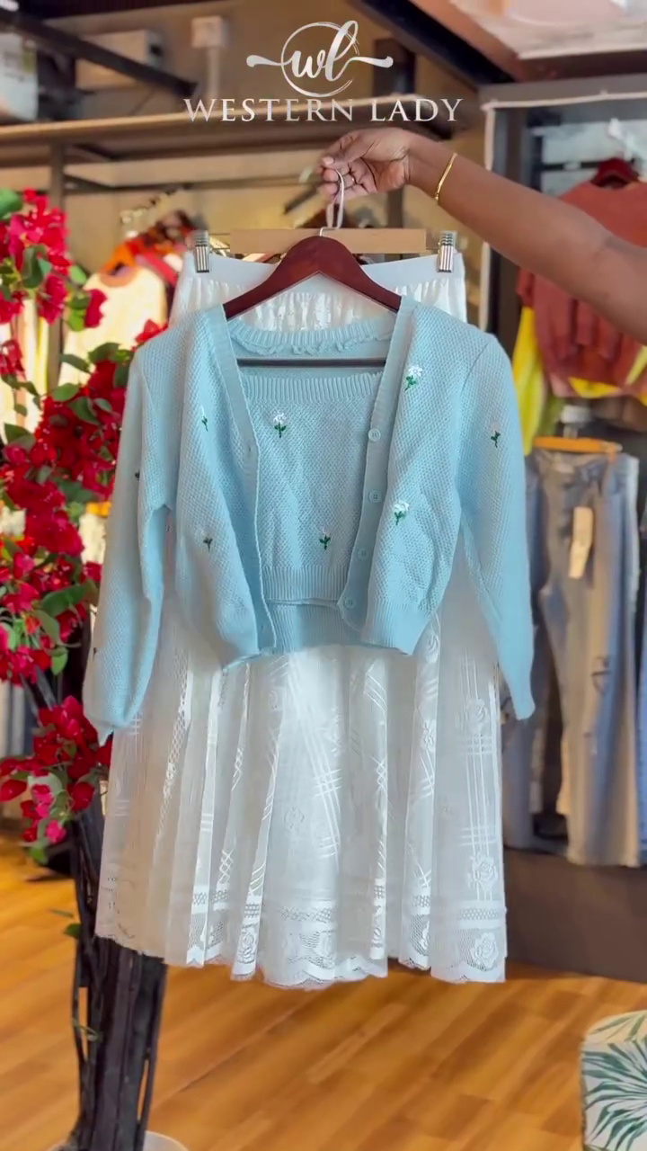 Knitted Bloom Cardigan & Lace Skirt in Powder Blue