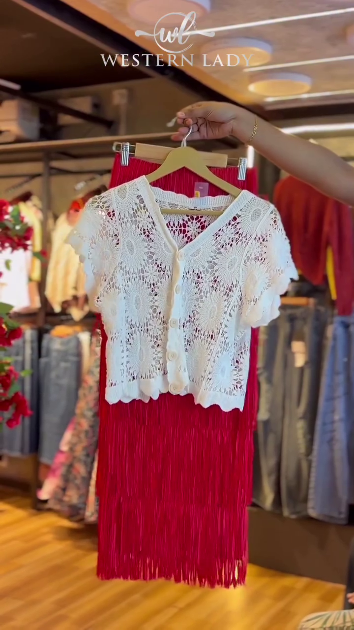 Crochet Bloom Top in White & Fringe Skirt in Crimson
