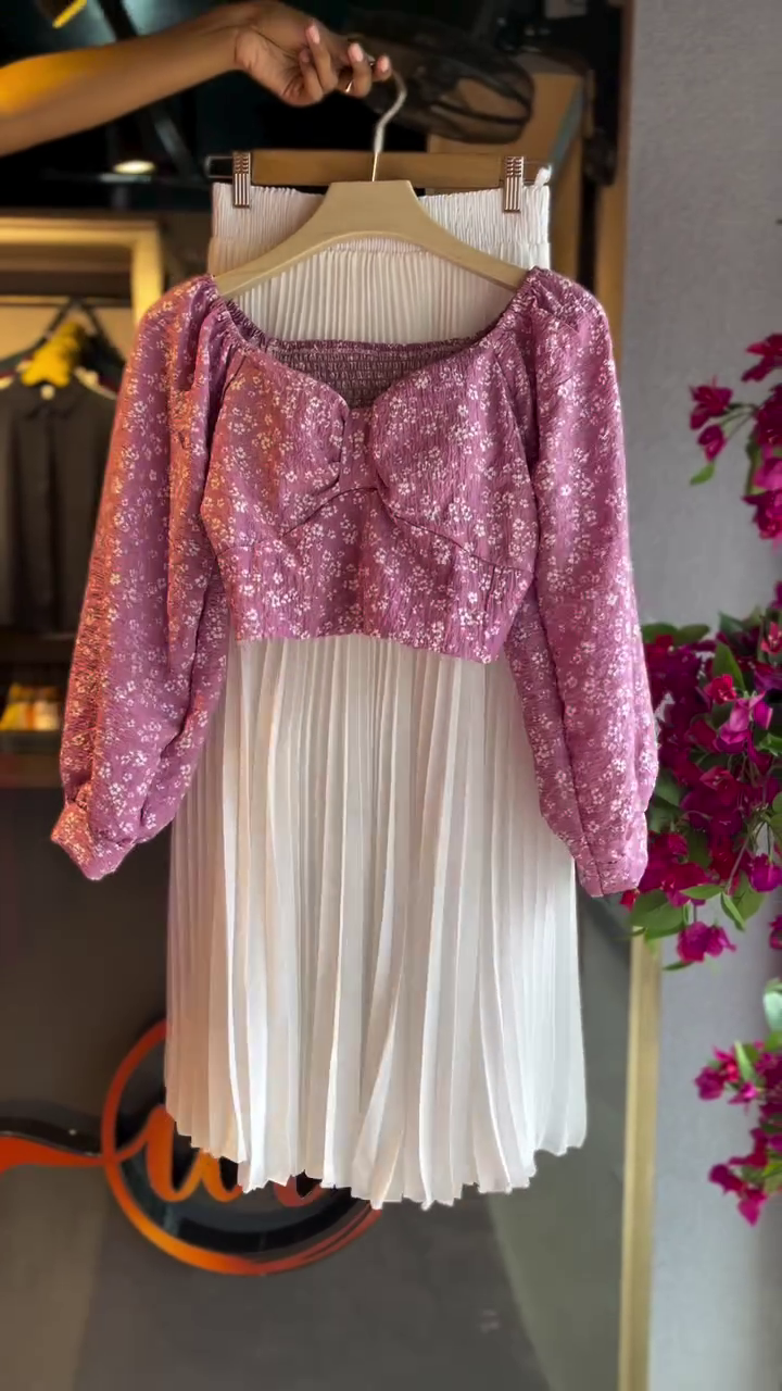 Pink Floral Crop Blouse with White Pleated Skirt – Elegant Indo-Western Co-Ord Set