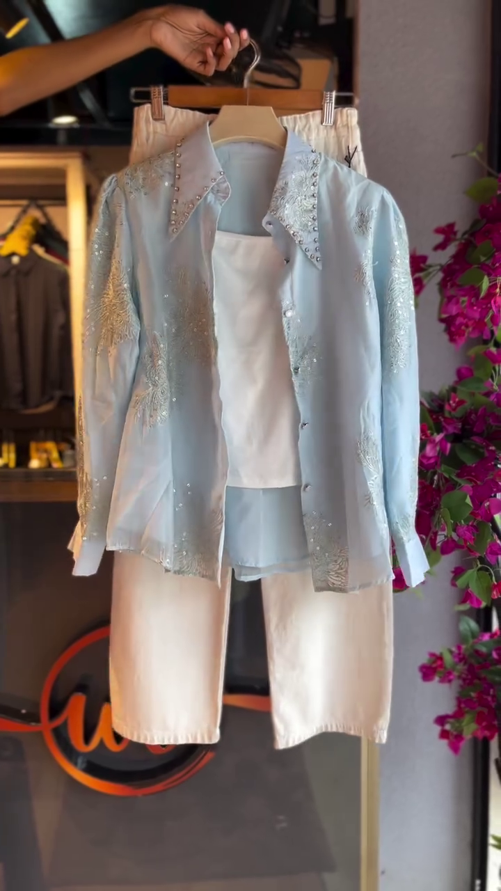 Embroidered Sheer Shirt in Sky & White Shorts