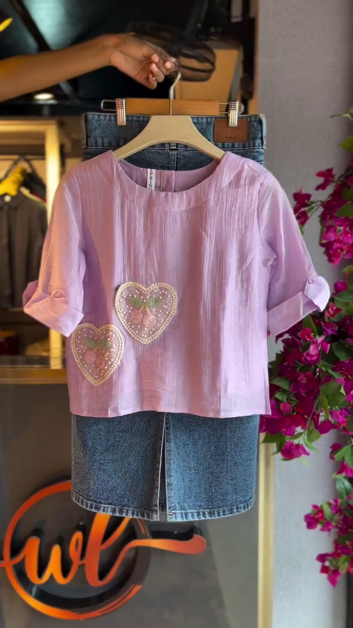 Embroidered Blouse in Lavender & Denim Skirt in Medium Wash