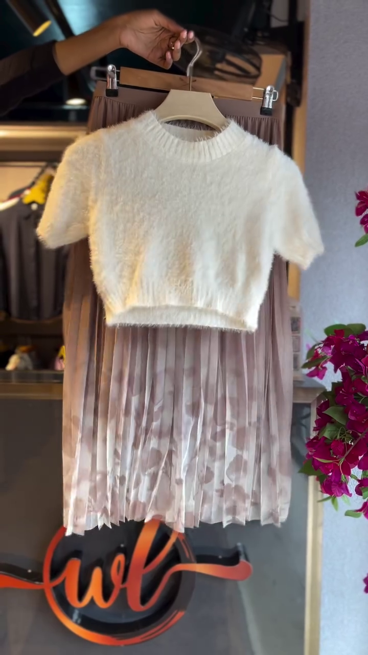 Fuzzy Cropped Sweater in Ivory & Pleated Skirt in Blush Beige