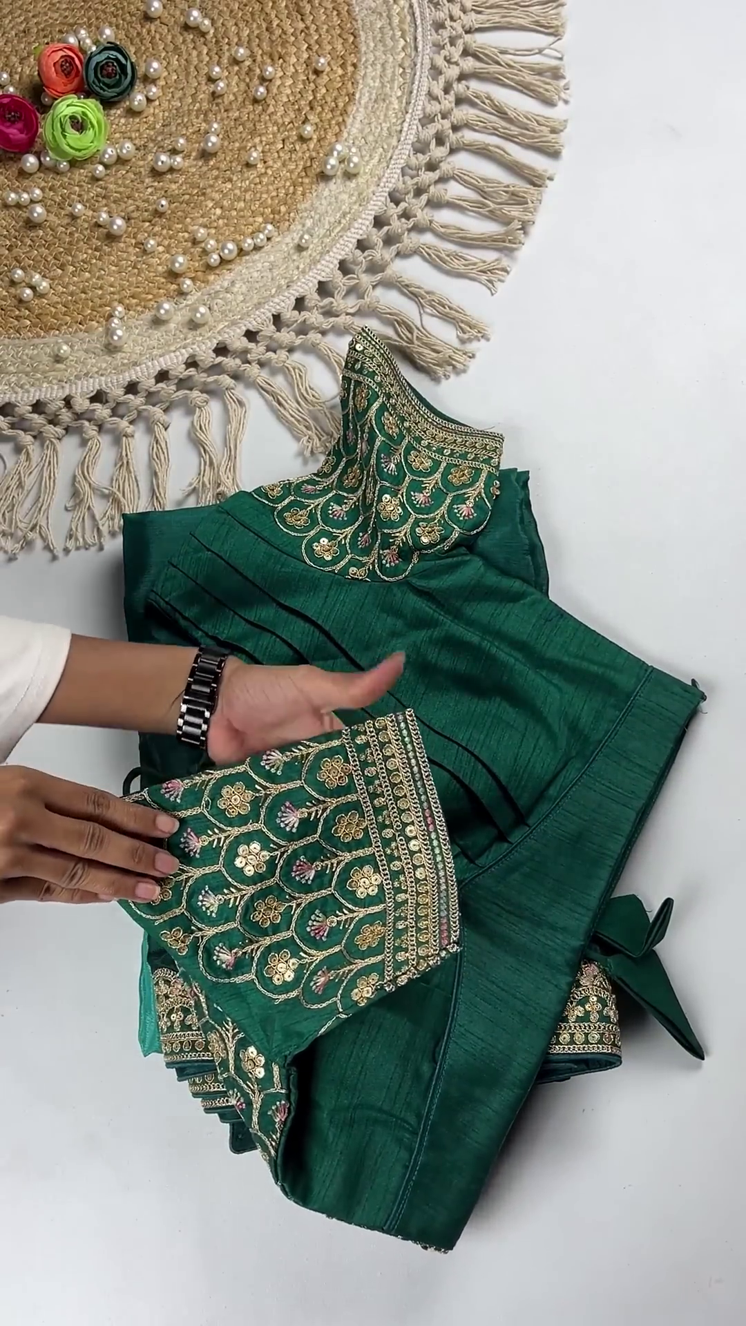 Emerald Green Silk Blouse with Scalloped Neckline and Heavy Embroidered Sleeves