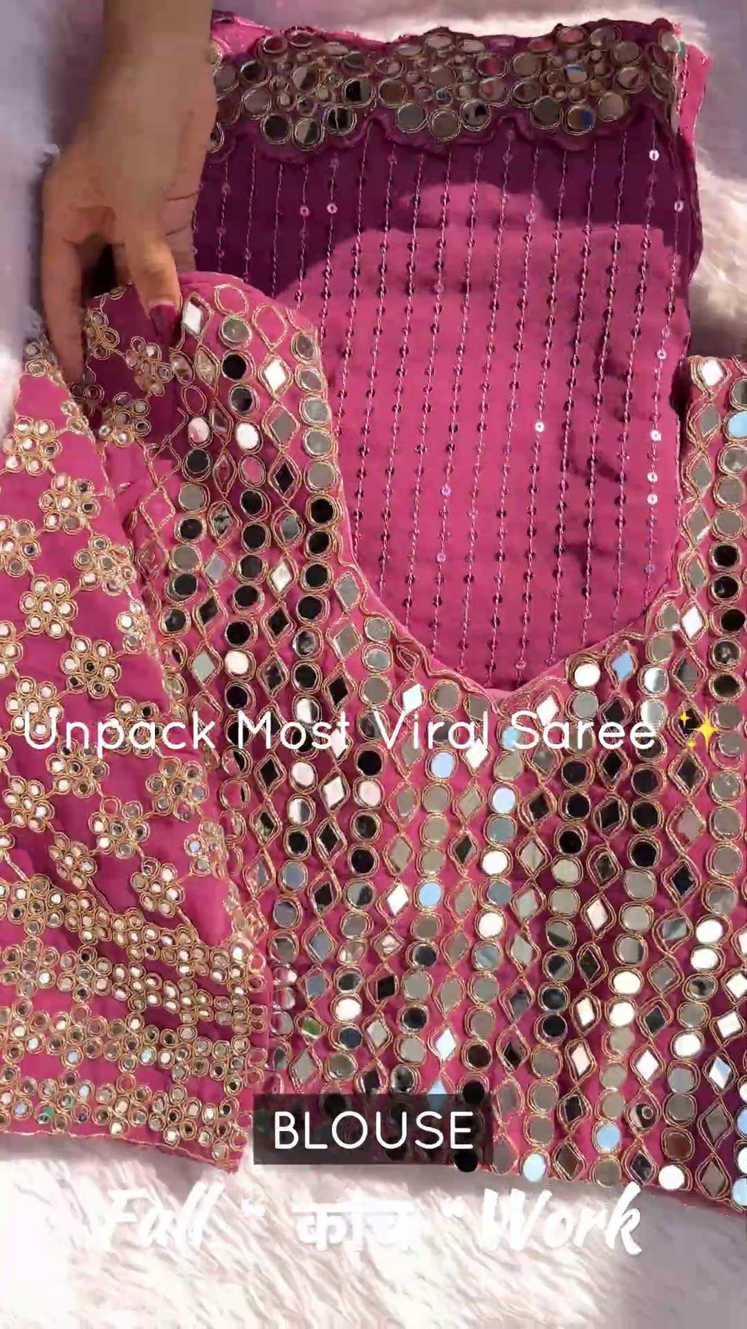 Fuschia Pink Silk-Blend Blouse with Mosaic Mirror-Work and Sequin Stripes