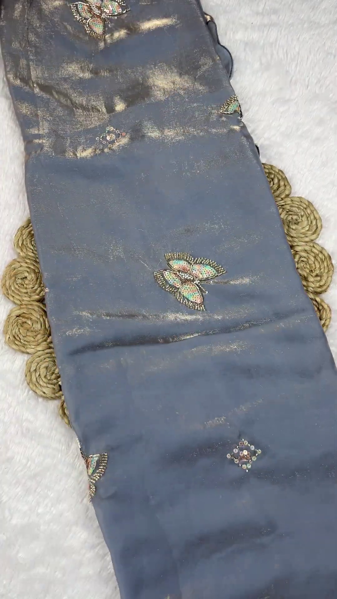 Steel Grey Shimmer Saree Set with 3D Iridescent Butterfly Appliqués