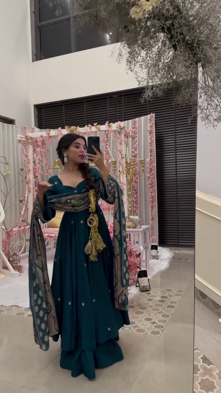 Green Skirt GGreenish Blue Chinon Silk with Embroidery Work Kurti seteorgette Bralette Raw Silk Cape Organza Set With Puff Sleeve (Copy)