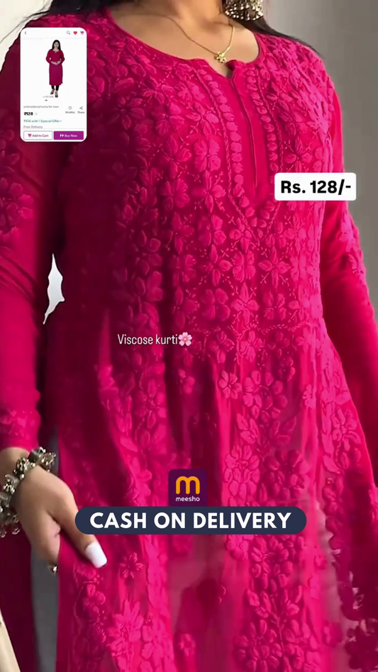 Rani pink Georgette Fully Embroidered Front & side slit Indowestern Suit