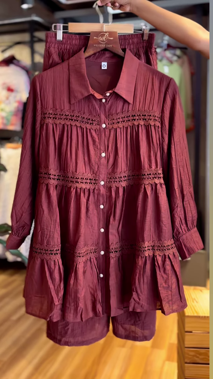Elegant Maroon Co-ord Set with Delicate Lace Details – Stylish Women’s Top and Bottoms