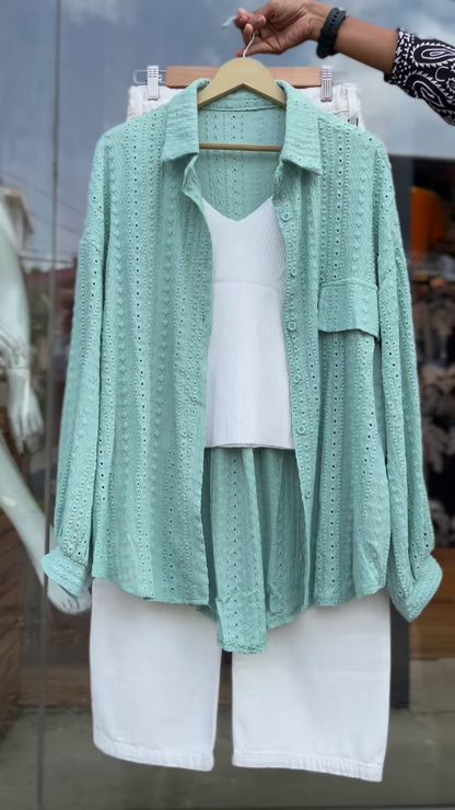 Breathable Eyelet Co-ord Set in Mint Green – Stylish Women’s Shirt, Top & Shorts Trio