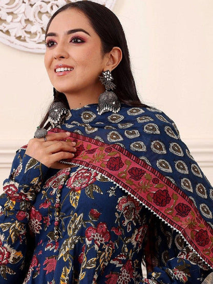 Floral Printed Anarkali Kurta With Trousers And Dupatta