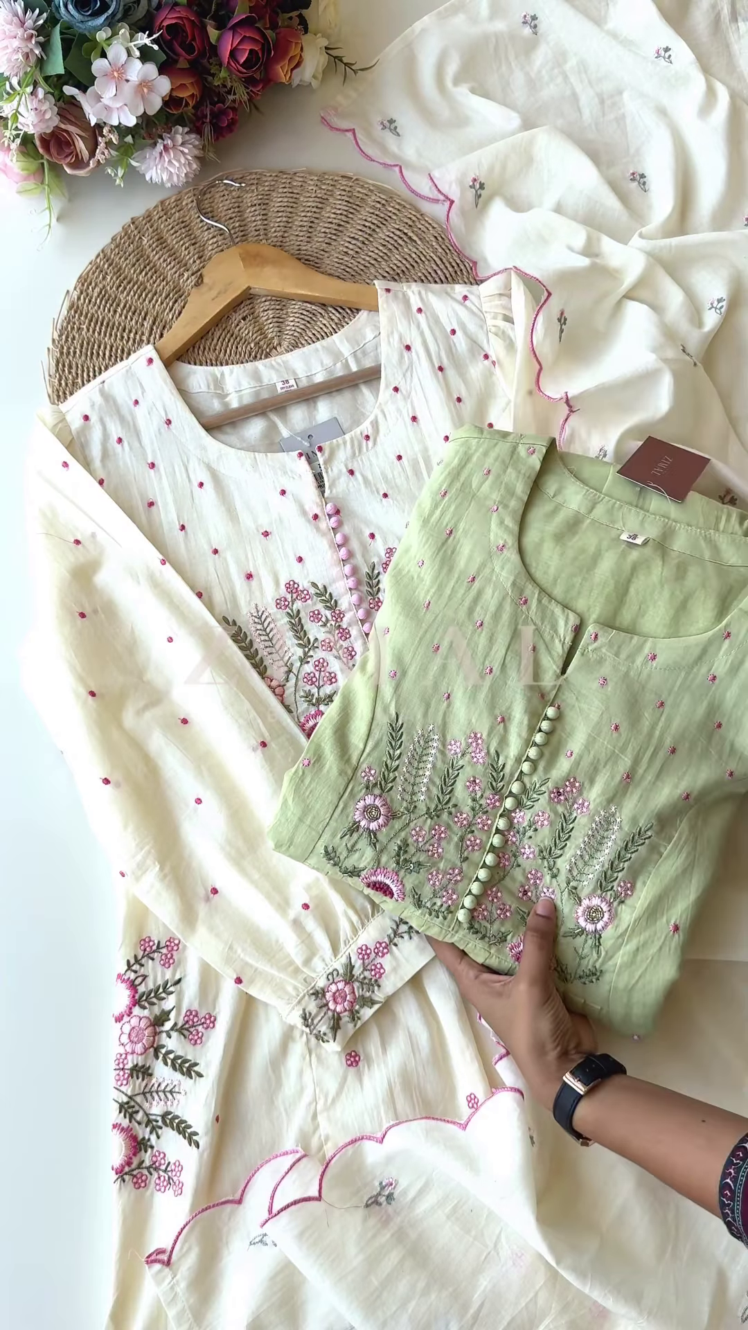 Women’s Light Green Floral Embroidered Long Kurti – Pastel Ethnicwear with White-Pink Motifs & Sleeve Detailing