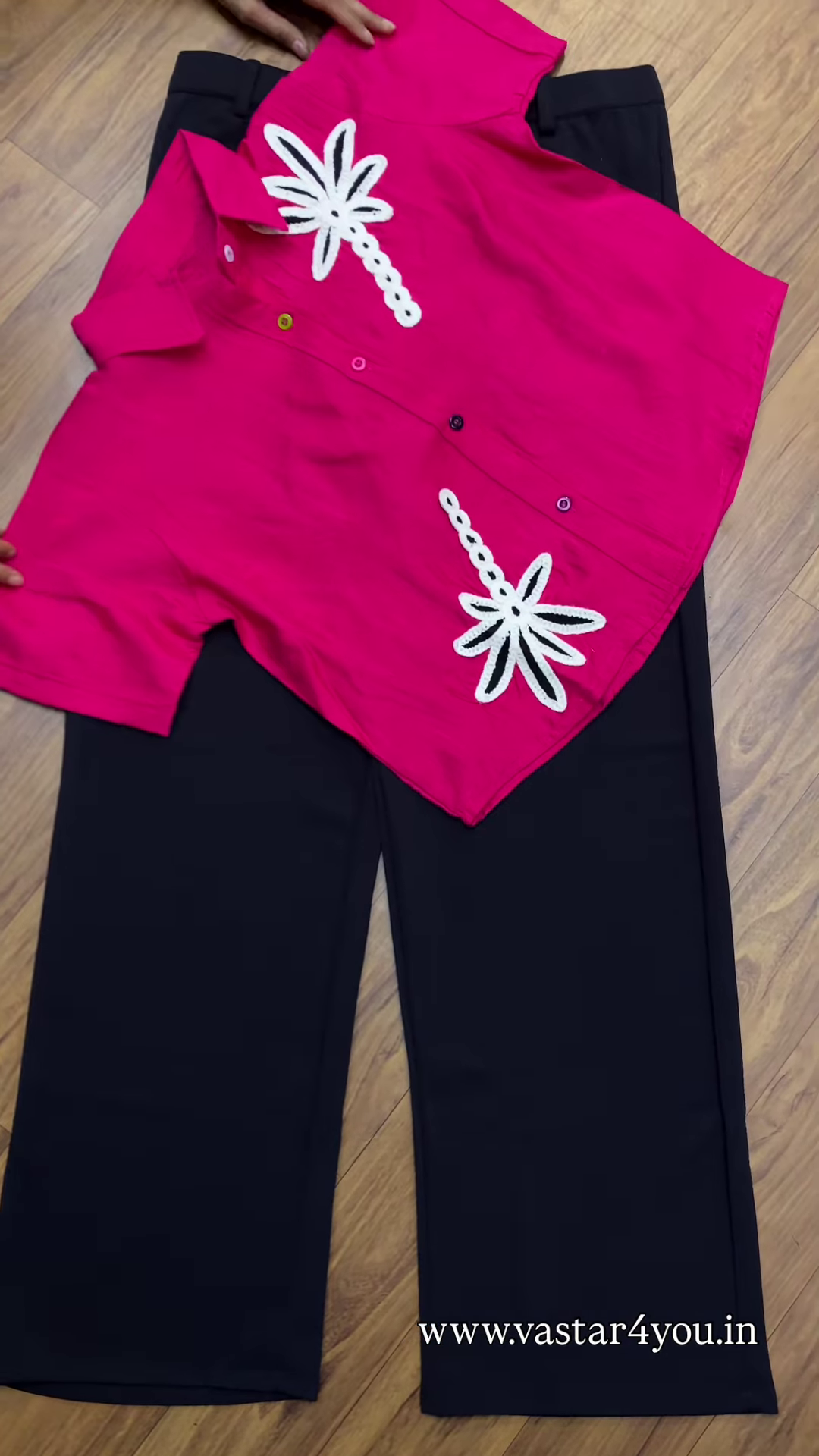 💜 Stylish Purple Embroidered Shirt & Black Wide-Leg Pants Set 🖤