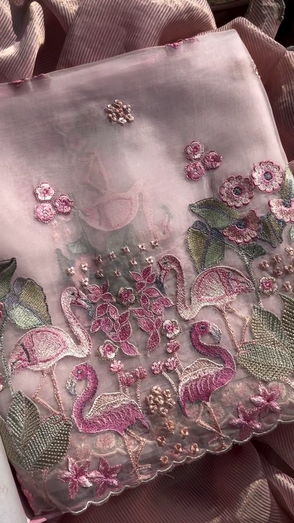 Delicate Pink Fabric with Embroidered Flamingos and Florals