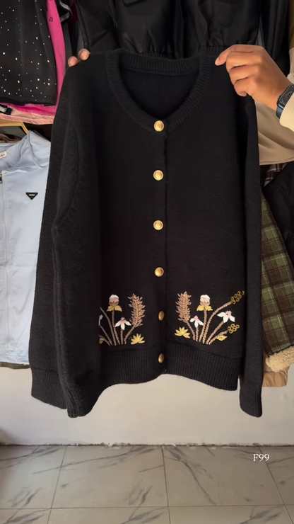 Black Floral Embroidered Button Cardigan – Luxe, Versatile, and Effortlessly Elegant 🌼✨