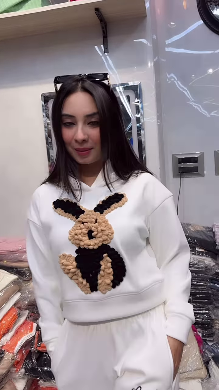 Bunny Print Hoodie & Jogger Co-ord Set – White & Brown Combo