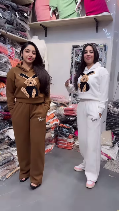 Bunny Print Hoodie & Jogger Co-ord Set – White & Brown Combo