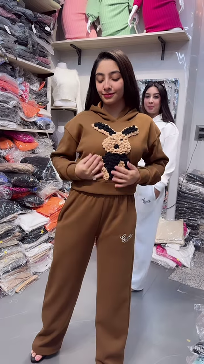 Bunny Print Hoodie & Jogger Co-ord Set – White & Brown Combo