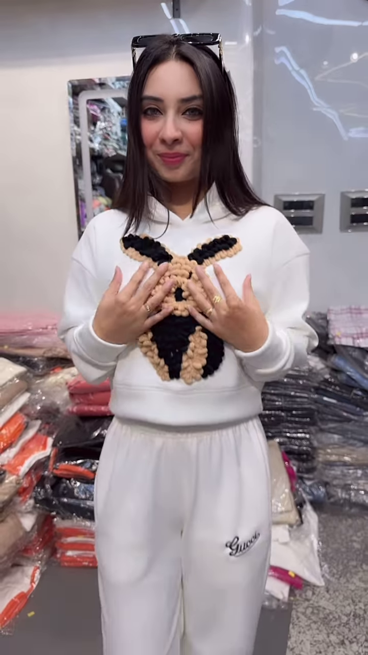 Bunny Print Hoodie & Jogger Co-ord Set – White & Brown Combo