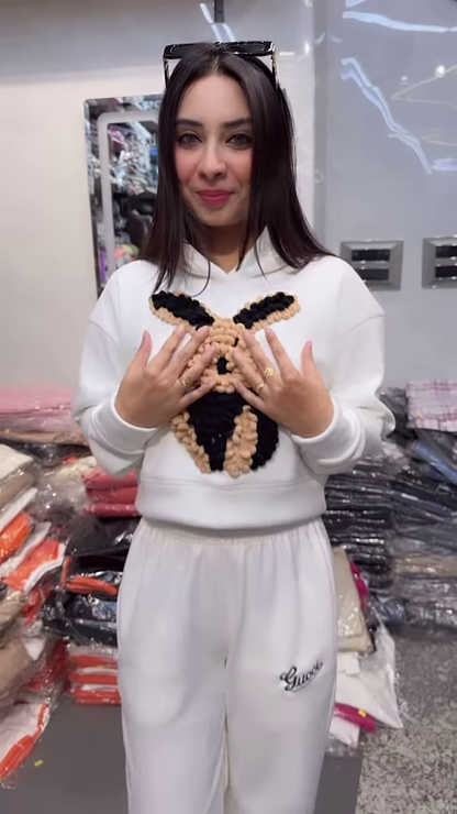 Bunny Print Hoodie & Jogger Co-ord Set – White & Brown Combo