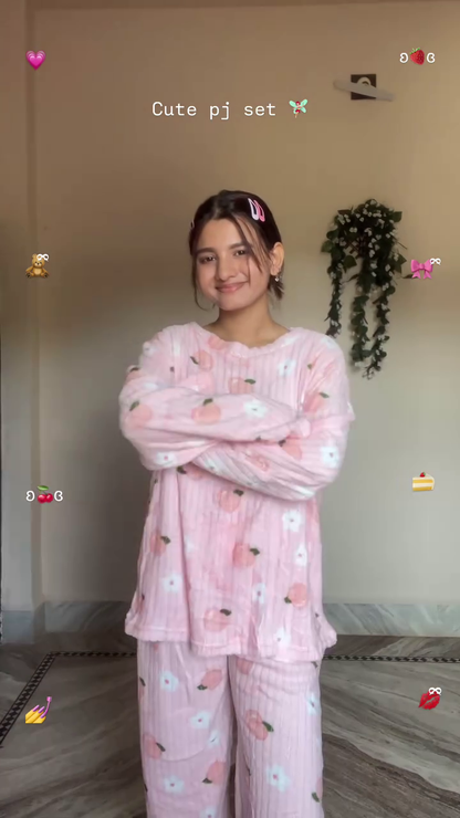 Cute Knit & Pajama Co-ord Sets 🩷 Available in Peach Print, Cream Bow & Grey Bow Variants