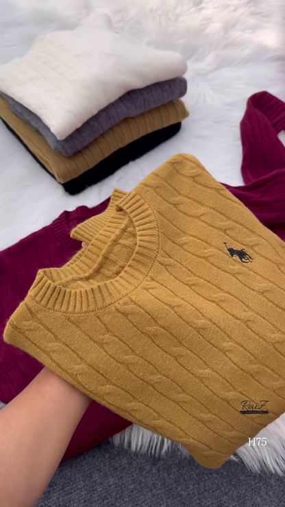 Cable-Knit Embroidered Sweaters 🧥 Available in Black, Beige, White, Gray, Mustard & Burgundy