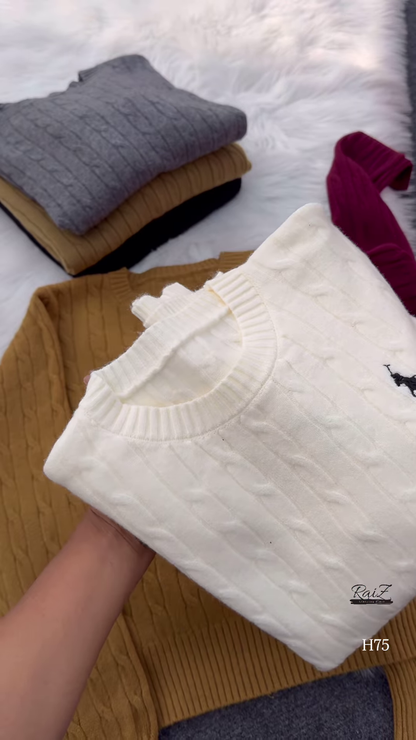 Cable-Knit Embroidered Sweaters 🧥 Available in Black, Beige, White, Gray, Mustard & Burgundy