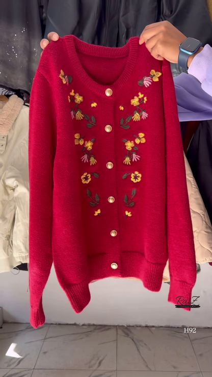 Floral Embroidered Knit Cardigan with Gold Buttons 🧥 Available in Red, Black, Lavender, Mustard & Rose Pink