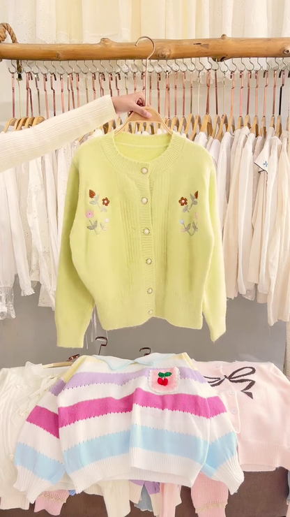 Lace-Trim Floral Embroidered Sweaters & Bow-Collar Buttoned Tops 🧥 Available in Blue & Pink