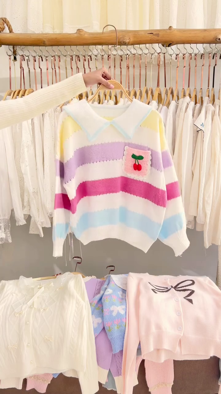 Lace-Trim Floral Embroidered Sweaters & Bow-Collar Buttoned Tops 🧥 Available in Blue & Pink