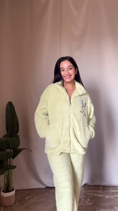 Fluffy Cartoon Co-ord Set 🐾 White Top & Blue Pants – Ultra Cozy Loungewear