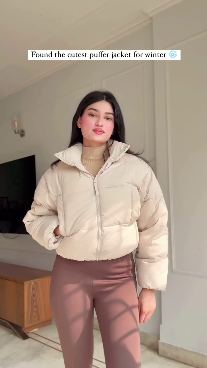 Beige Puffer Jacket Look 🤍 with Brown Leggings – Soft & Stylish Winterwear