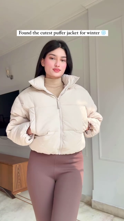 Beige Puffer Jacket Look 🤍 with Brown Leggings – Soft & Stylish Winterwear