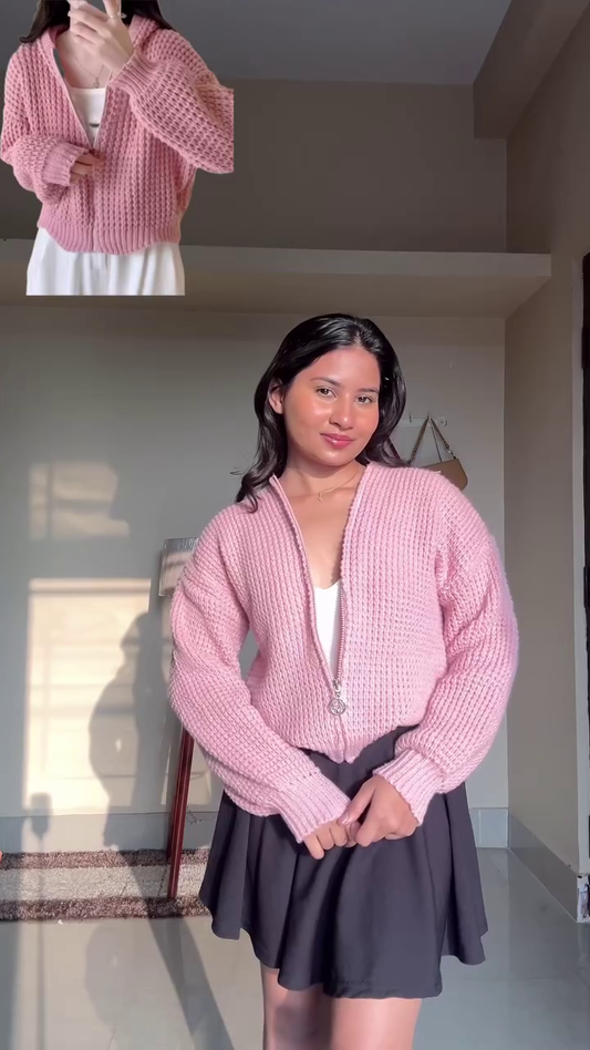 Bubblegum Pink Chunky Knit Zip Cardigan – Plush, Youthful, and All-Day Cozy ✨