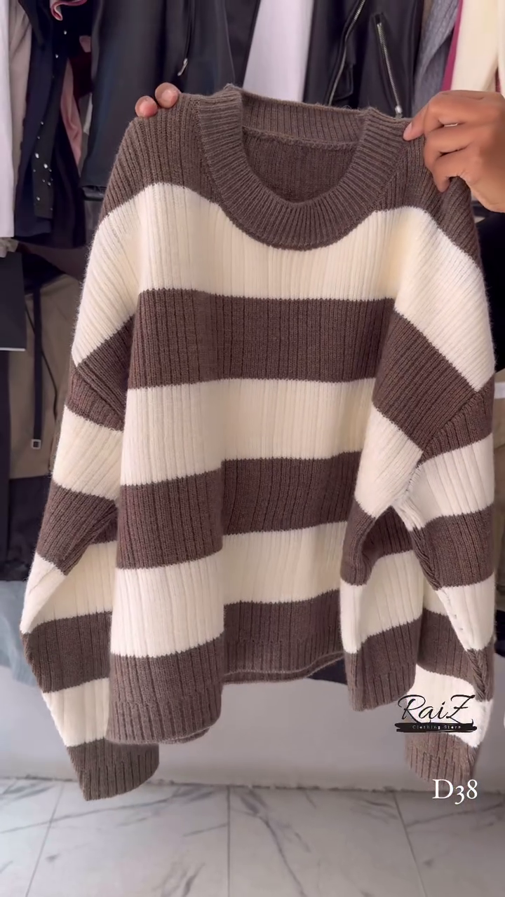 Ribbed Stripe Knit Sweaters 🧶 Horizontal Pattern – Black, Brown, Gray & Pink Variants