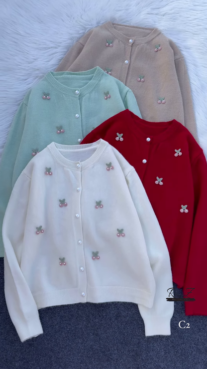Cherry Embroidered Knit Cardigans 🍒🧶 With Pearl Buttons – Beige, Mint, Red & White Variants