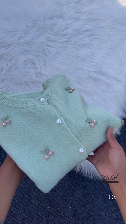 Cherry Embroidered Knit Cardigans 🍒🧶 With Pearl Buttons – Beige, Mint, Red & White Variants