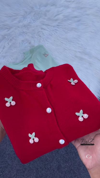 Cherry Embroidered Knit Cardigans 🍒🧶 With Pearl Buttons – Beige, Mint, Red & White Variants