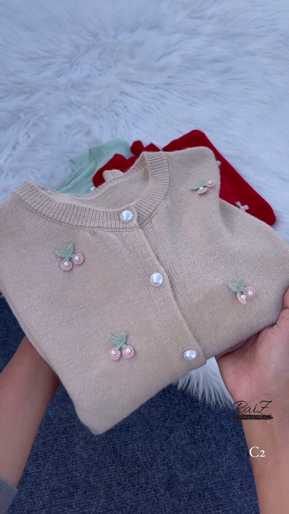 Cherry Embroidered Knit Cardigans 🍒🧶 With Pearl Buttons – Beige, Mint, Red & White Variants