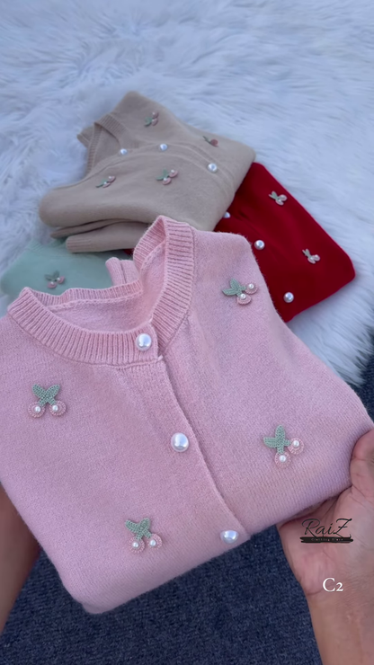 Cherry Embroidered Knit Cardigans 🍒🧶 With Pearl Buttons – Beige, Mint, Red & White Variants
