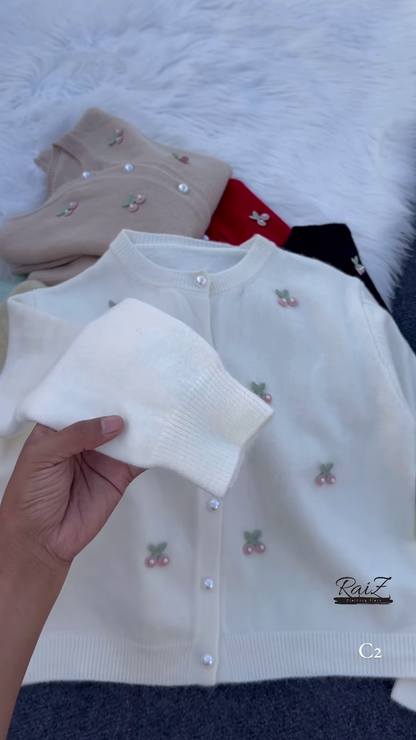 Cherry Embroidered Knit Cardigans 🍒🧶 With Pearl Buttons – Beige, Mint, Red & White Variants