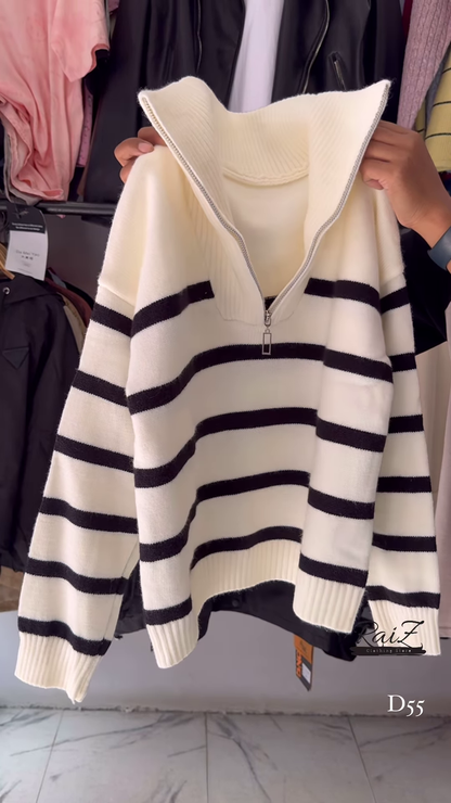 Half-Zip Striped Knit Sweaters 🧶⛷ With High Collar – Red, White & Blue Variants
