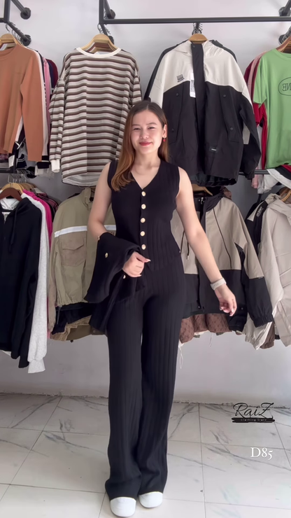 Ribbed Knit Co-ord Sets 🧶🖤 With Button Accents – Black & Beige Variants