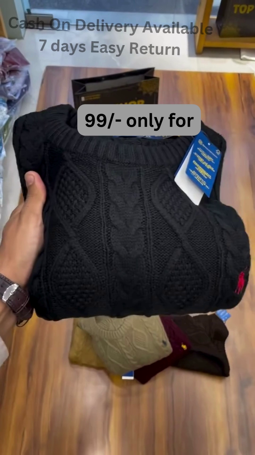 Cable-Knit Sweater Collection 🧶🍂 With Folded Display – Black, Mustard, Maroon & Brown Variants