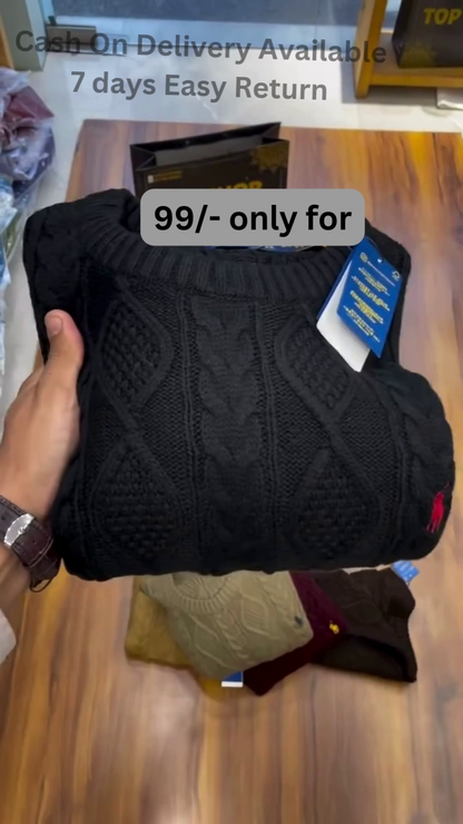 Cable-Knit Sweater Collection 🧶🍂 With Folded Display – Black, Mustard, Maroon & Brown Variants