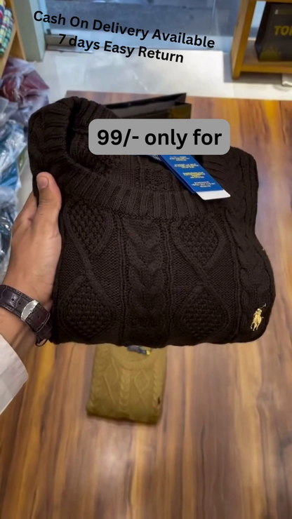 Cable-Knit Sweater Collection 🧶🍂 With Folded Display – Black, Mustard, Maroon & Brown Variants